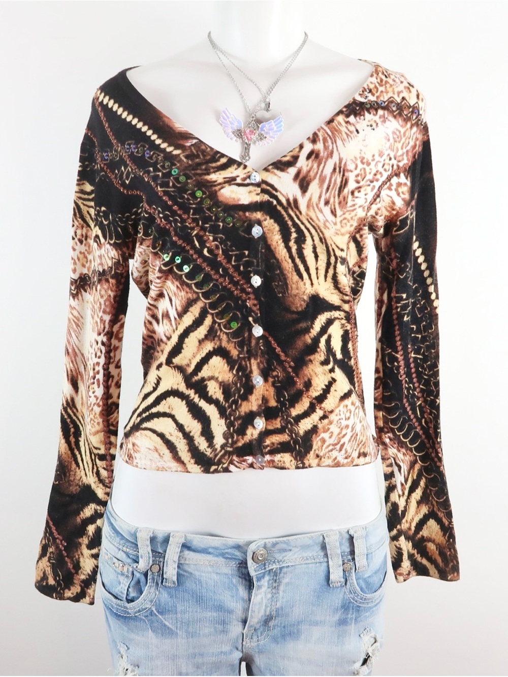 Vintage Louise FD Animal Print Sequin V-Neck Cardigan – Size S/M